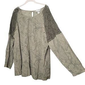 CJ Banks top women's size 3X green floral lace paisley print flowy boho shirt